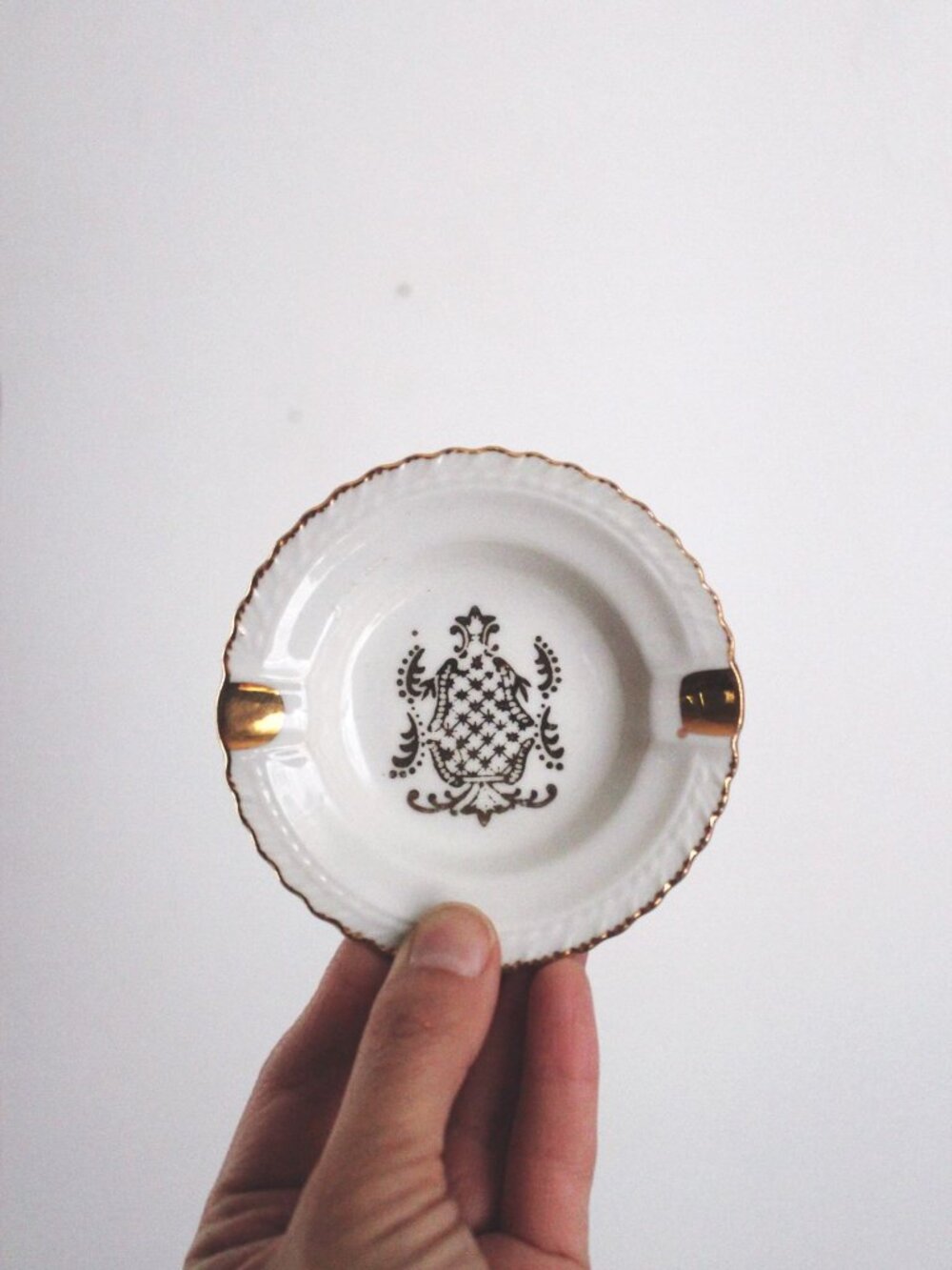Vintage Japan Porcelain Ashtray Gold Crest Scalloped Edge White Dish